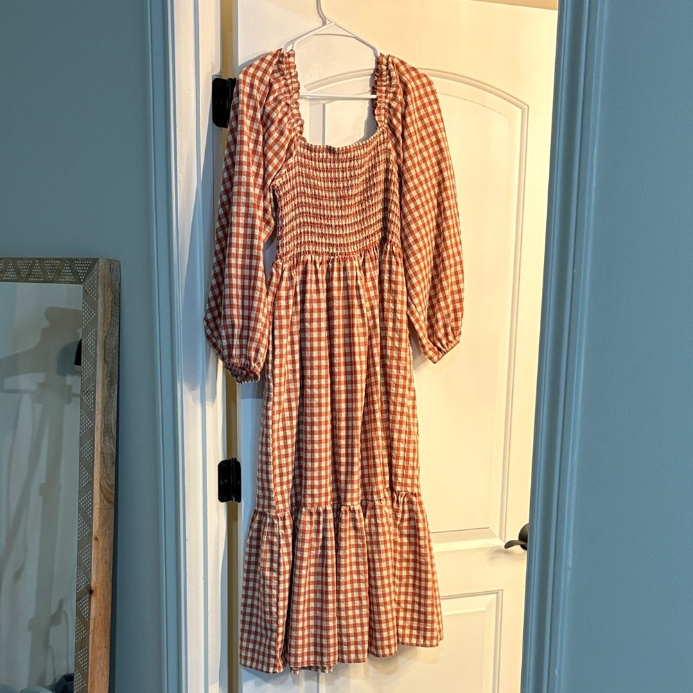 MATERNITY rust and white gingham long-sleeve dress